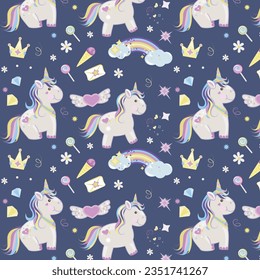 Seamless pattern, unicorns with rainbow, ice cream, hearts and other elements. Vector illustration.
