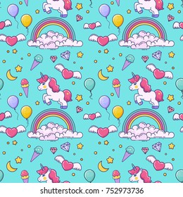 Seamless pattern with unicorns, rainbow, ice cream, diamonds and stars. Vector illustration