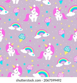 Seamless pattern with unicorns, rainbow, ice-cream, confetti, stars and other elements.Cute fairytale animals, pony unicorns with rainbow, cloud, stars. Fairy tale unicorns background illustration. 