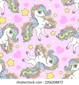 Seamless pattern with unicorns with rainbow mane on a pink background. For fabric design, wallpapers, backgrounds, wrapping paper, scrapbooking and so on. Vector