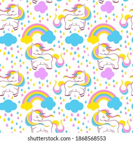 Patrón sin foco con unicornios, arcoiris y otros elementos bonitos. Fondo con pegatinas, estilo dibujado a mano Perfecto para envolver papel o decoración de vivero, vectores formato 10