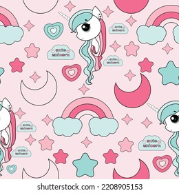 Seamless pattern with unicorns, rainbow,  and other elements.Vector background with stickers, pins, patches in cartoon 80s-90s comic style.