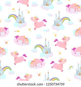 Seamless pattern with unicorns, rainbows and castl?s.