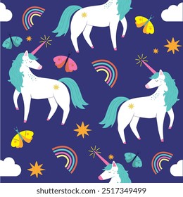 Seamless pattern with unicorns and rainbows, butterflies.  