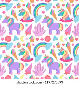 Seamless pattern with unicorns, rainbows, crystals and other elements. Vector background in cartoon style for wrapping paper, wallpaper, textile and much more.