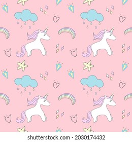 Patrón sin problemas con unicornios, arcos de lluvia, diamantes y estrellas en un fondo rosa. Ilustración vectorial brillante para niños.