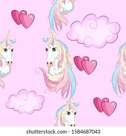 Seamless pattern with Unicorns, rainbows and hearts, trendy cartoon patches.