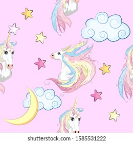 Seamless pattern with Unicorns, rainbows and hearts, trendy cartoon patches.