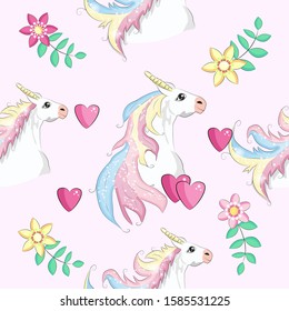 Seamless pattern with Unicorns, rainbows and hearts, trendy cartoon patches.