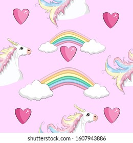 Seamless pattern with Unicorns, rainbows and hearts, trendy cartoon patches.