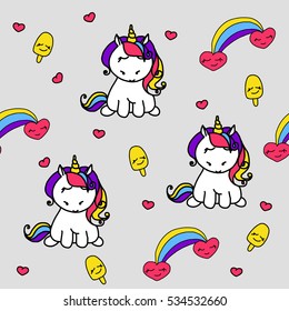 Patrón sin fisuras con unicornios, arcoíris, corazones, dulces y helados. Fondo del bebé.