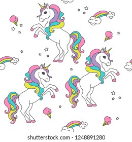 Patrón sin problemas con unicornios, arcos, helados y estrellas. Antecedentes infantiles.