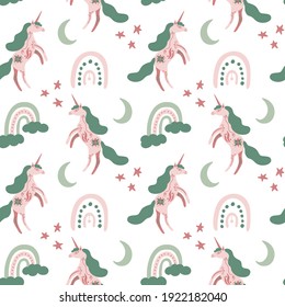 Seamless pattern with unicorns and rainbows on white in boho style. Magical kids background for wrapping paper, printing on the fabric. Vector illustration.