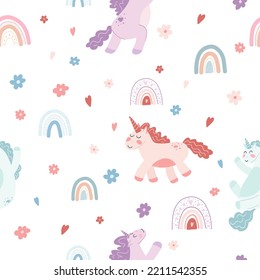 Seamless pattern with unicorns and rainbows on white background. Vector hand drawn texture for wrapping paper, fabric print, kids textile, cover, card design