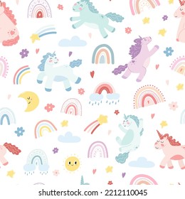 Patrón sin foco con unicornios y arcos de lluvia sobre fondo blanco. Textura dibujada a mano vectora para papel envoltorio, impresión de tela, niños textiles, cubierta, diseño de tarjeta