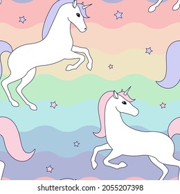 seamless pattern with unicorns rainbows and stars color vector illustration magic mythical creatures