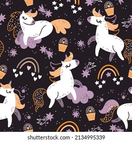 Seamless pattern with unicorns, rainbows and stars. Creative texture for any kids design, fabric, wrapping, wallpaper, textile, apparel