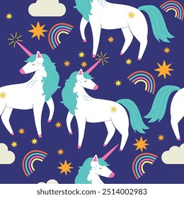 Padrão contínuo com unicórnios, arco-íris e estrelas no fundo azul. 