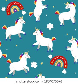 Seamless pattern with unicorns and rainbows. Vector graphics.