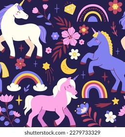 Patrón sin problemas con unicornios. Plantilla repetitiva con ponis mágicos de color rosa, flores florecientes, arcos y estrellas. Elemento de diseño para ropa o textiles para bebés. Dibujo vectorial plano de dibujos animados