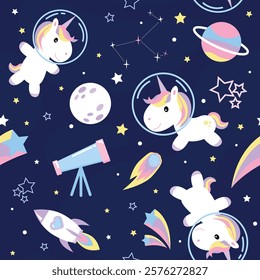 Seamless pattern with unicorns in space. Cute vector illustration. Unicorn constellation.