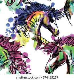 Seamless pattern with unicorns. Spots watercolor paint. Bright multi-colored background.