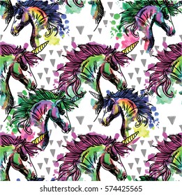 Seamless pattern with unicorns. Spots watercolor paint. Bright multi-colored background.