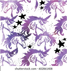 Seamless pattern with unicorns. Spots watercolor paint. Bright multi-colored background.