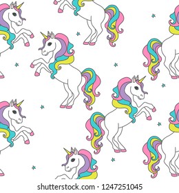 Seamless pattern with unicorns and stars. Baby background.