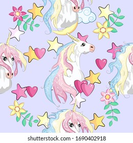 Seamless pattern with unicorns and stars. Baby background