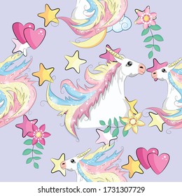 Seamless pattern with unicorns and stars. Baby background