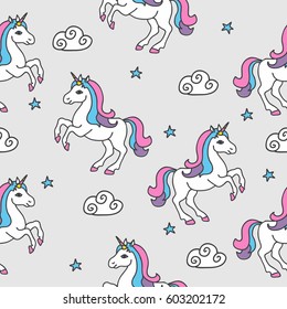 Seamless pattern with unicorns and stars. Baby background.