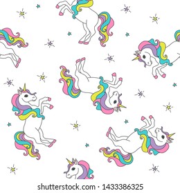 Seamless pattern with unicorns, stars . Cartoon background for baby textiles. Vector illustration.