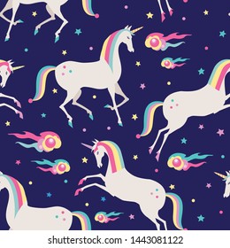 Seamless pattern with unicorns, stars, clouds. Vector illustration.