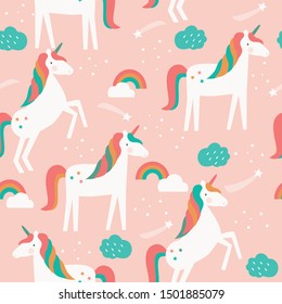 Seamless pattern with unicorns, stars, clouds and rainbows. Vector illustration. 