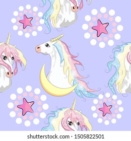 Seamless pattern with unicorns, stars, clouds and abstraction, paint splashes. Endless cute colorful background. Hand drawn cartoon doodle sketches.