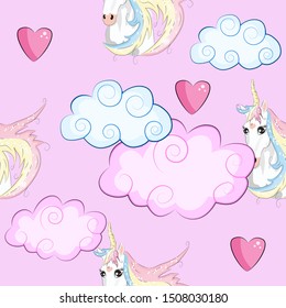 Seamless pattern with unicorns, stars, clouds and abstraction, paint splashes. Endless cute colorful background. Hand drawn cartoon doodle sketches.