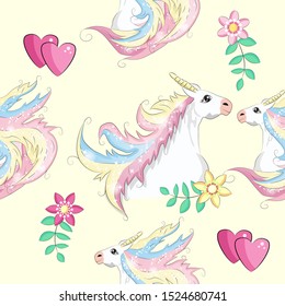 Seamless pattern with unicorns, stars, clouds and abstraction, paint splashes. Endless cute colorful background. Hand drawn cartoon doodle sketches.