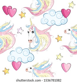 Seamless pattern with unicorns, stars, and clouds.