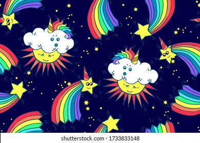 Seamless pattern with Unicorns stars and clouds with the sun in the night sky. Space magic. Hand drawn vector illustration