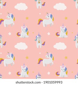 Seamless pattern with  unicorns, stars and clouds. Background for wrapping paper,  greeting cards, design.