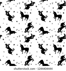 Seamless pattern with unicorns and stars. Design element for package, clothes decoration, poster, banner, flyer. Vector illustration 