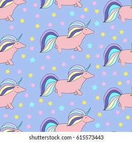 Seamless pattern with unicorns and stars. Fantasy wallpaper. Magic background.