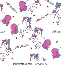 Seamless pattern with unicorns, stars and hearts. Baby background. I love unicorn.