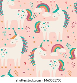 Seamless pattern with unicorns, stars, hearts and rainbows. Vector illustration. 