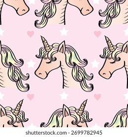 Patrón sin fisuras con unicornios, estrellas y corazones. Ilustración vectorial.