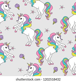 Seamless pattern with unicorns, stars and ice cream. Magical children's background.