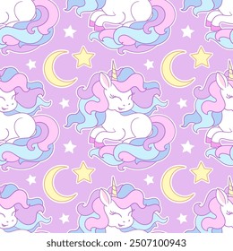 Seamless pattern with unicorns, stars and moon on lilac background. For fabric design, wallpaper, backgrounds, prints, posters, wrapping paper, scrapbooking etc. Vector illustration.