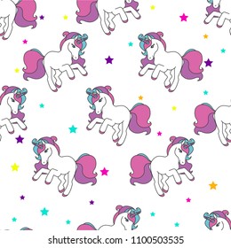 Seamless pattern with unicorns, stars on white background. Baby cute background.