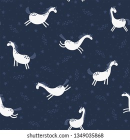 Seamless pattern with unicorns and stars on blue background. Fabulous children's background. Vector illustration.